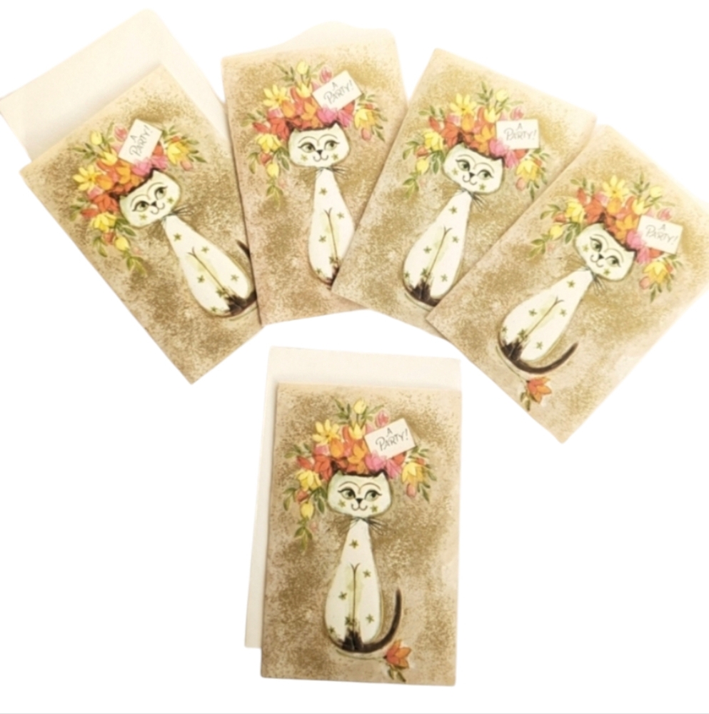 Set of 5 Vintage Hallmark Invitation Cards & Envelopes with Cat and Flowers